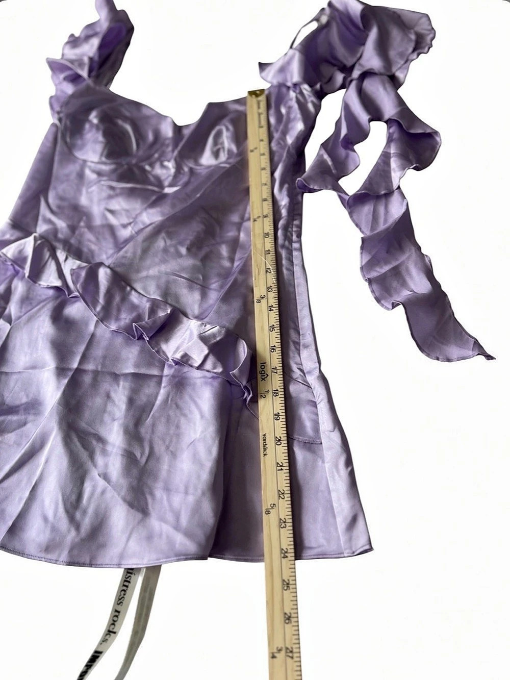 Mistress Rocks Lavender Satin Ruffle Mini Dress Size L - Picture 4 of 9